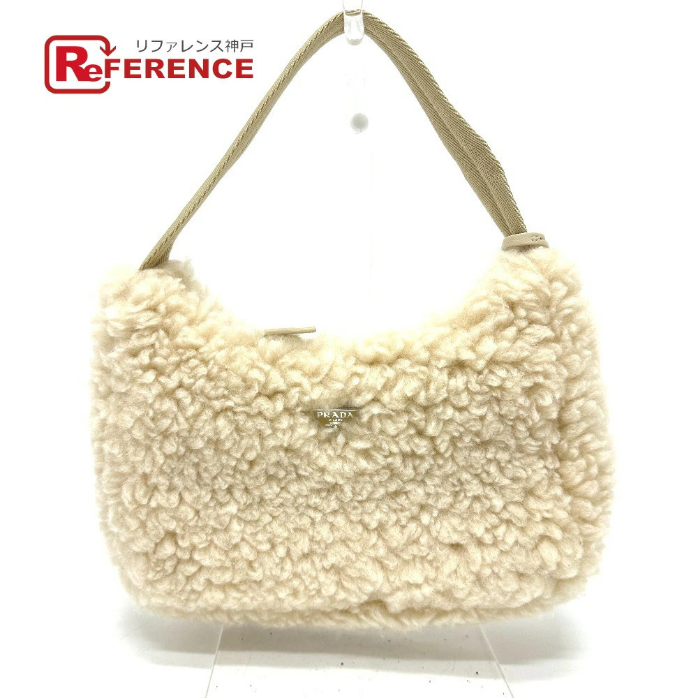 PRADA Triangle Logo Plate Fur Bag Shoulder Handbag Sheep Beige